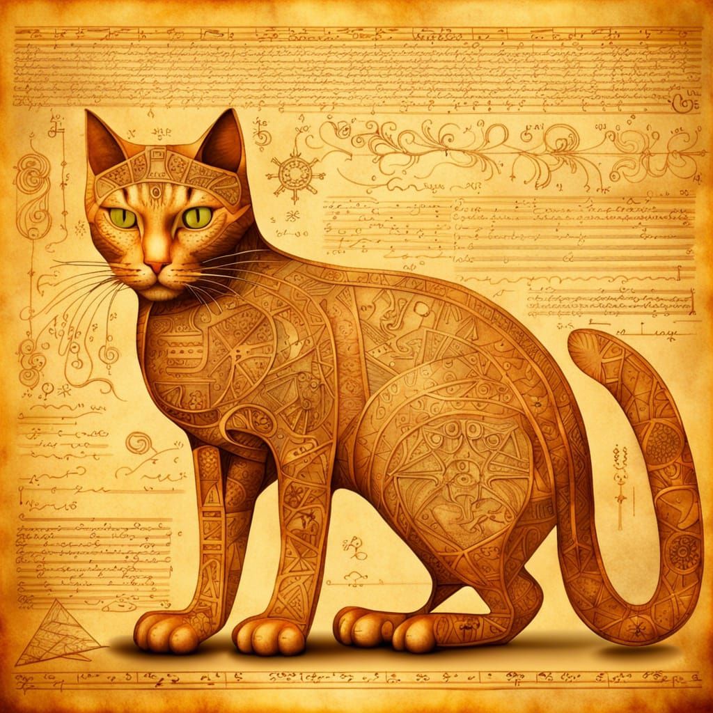 Anatomical Cat Drawing on Parchment in Da Vinci Style
