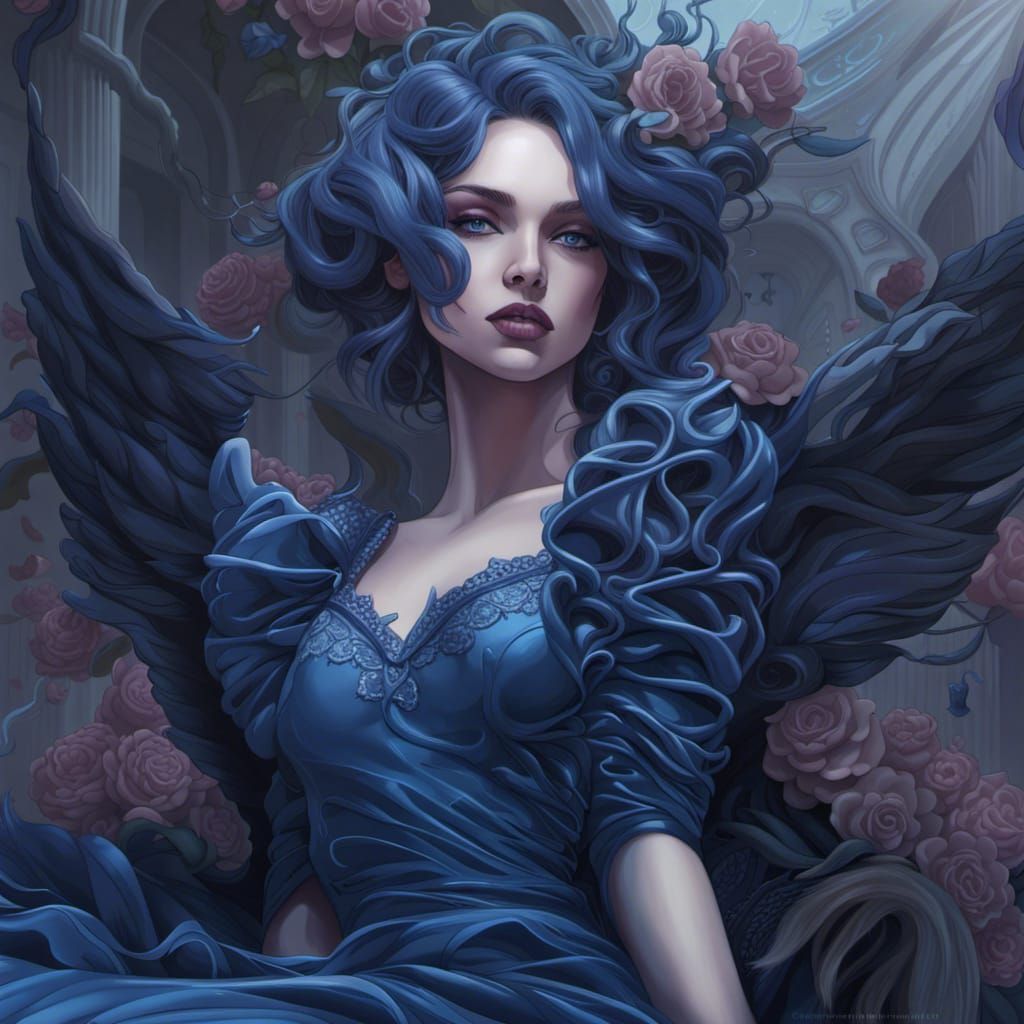 Vogue Gothic Beauty in Blue: Digital Illustration