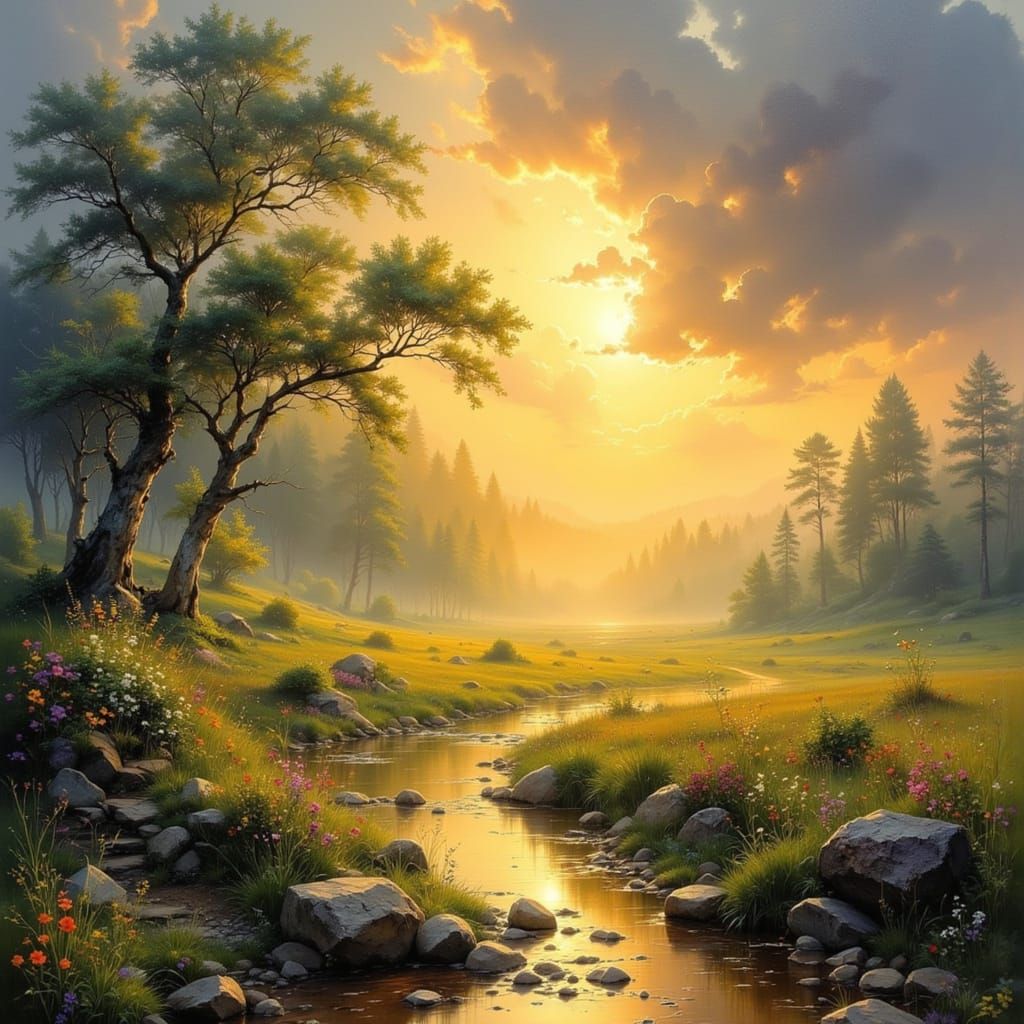 Golden Hour Sunshine After Rain in Impressionistic Style