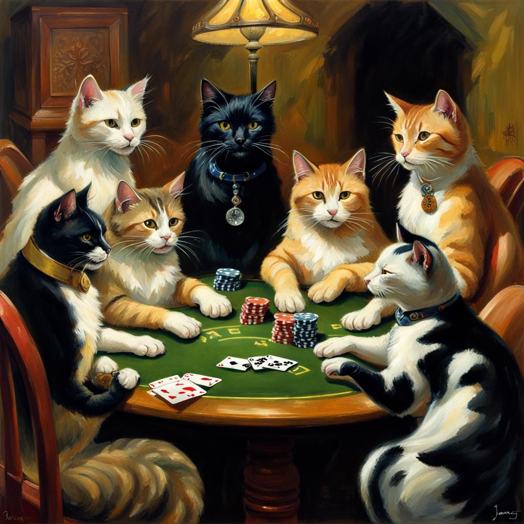 Cats Playing Blackjack in Oil Painting Style