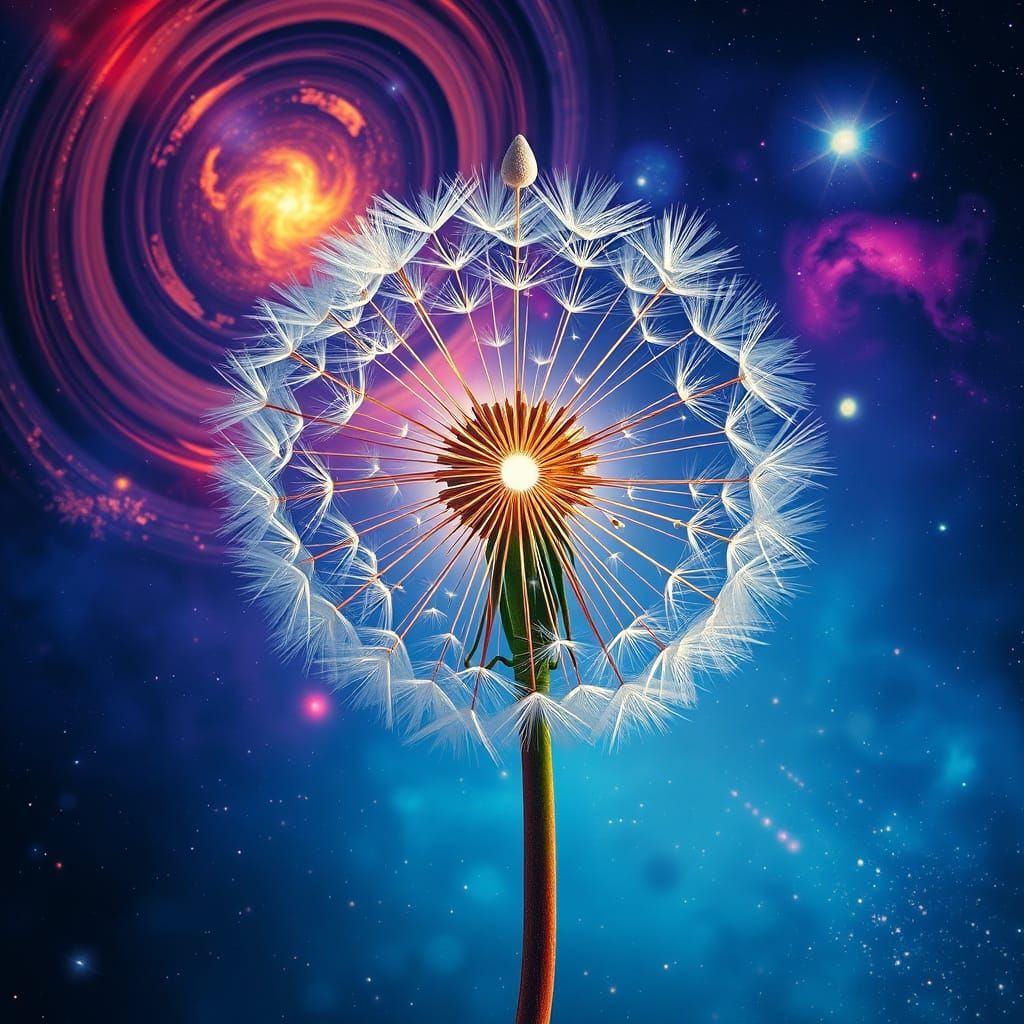 Dandelion Galaxy: Cosmic Seeds in Vibrant Surrealism