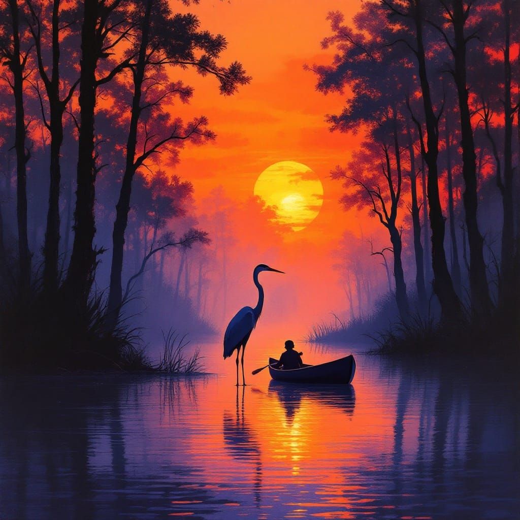 Louisiana Bayou Sunset with Heron