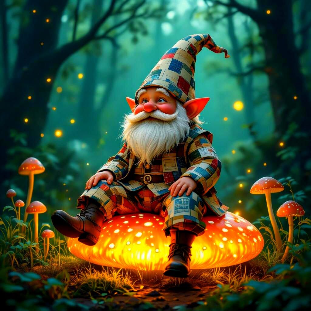 Gnome on Bioluminescent Toadstool in Rembrandt Style