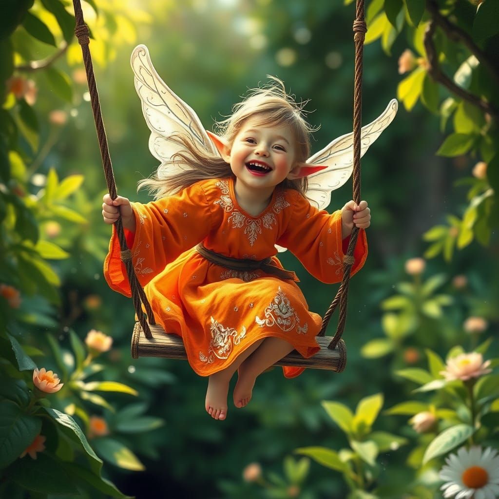 Joyful Elf Girl on Swing with Silver Wings