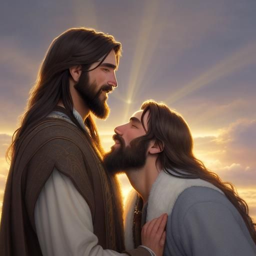 Men Kissing at Winter Solstice in Luminist Style