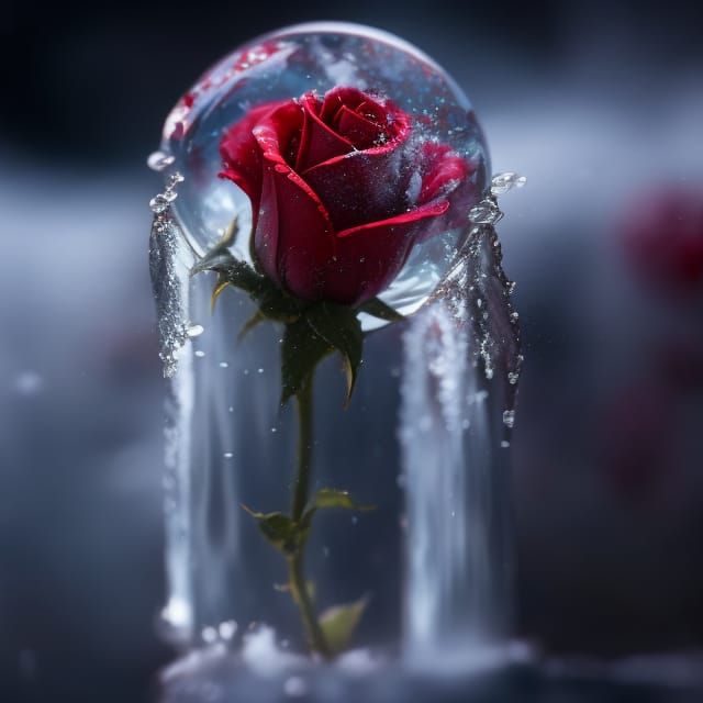 Frozen Red Rose Macro Photo in Ice
