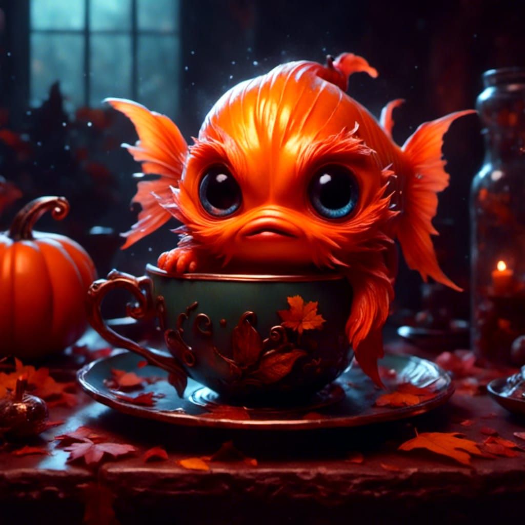 An cute adorable chibi pumpkin-Betta Fish drinking a cup of ...