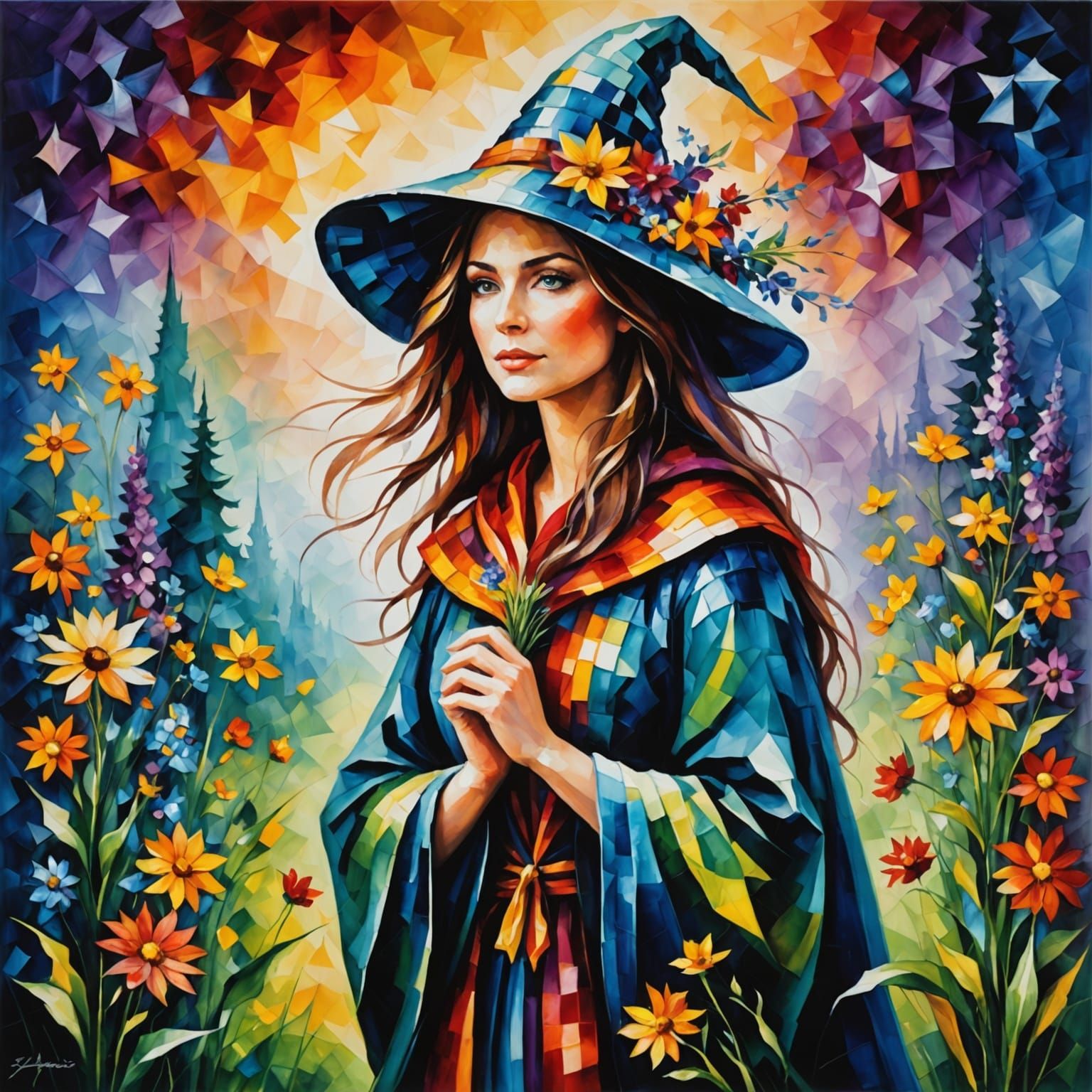 Woman Wizard Among Wildflowers in Impressionist Style