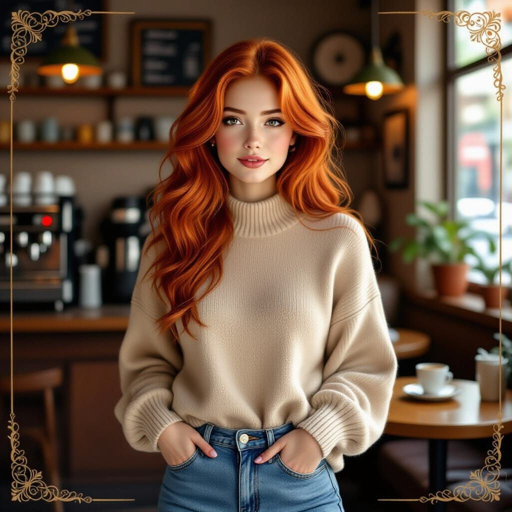 Red-Haired Woman in Coffee Shop, Art Nouveau Style