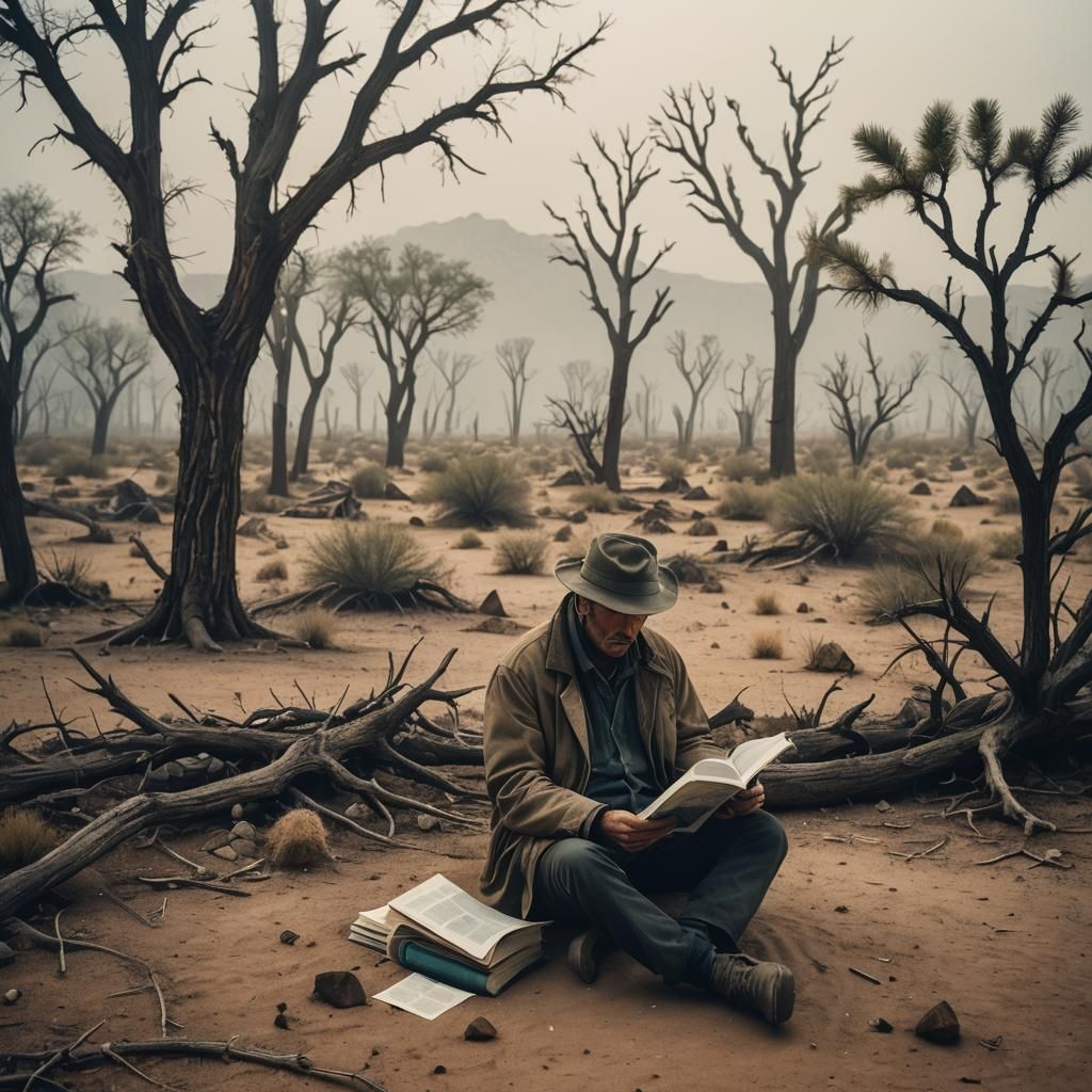 Man Reads in Lifeless Desert: Cinematic Film Still