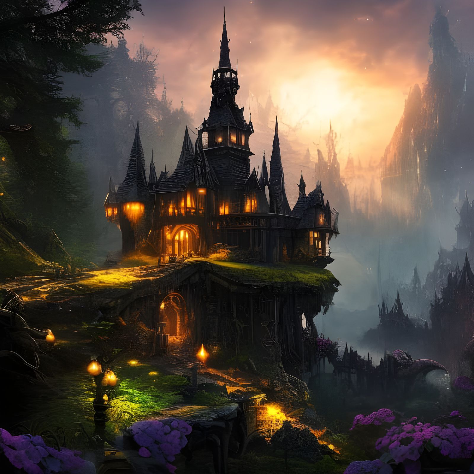 Dark faerie castle in a fantasy forest, starry starry black background,  Sharp contrast, high black point, Deep depth of...