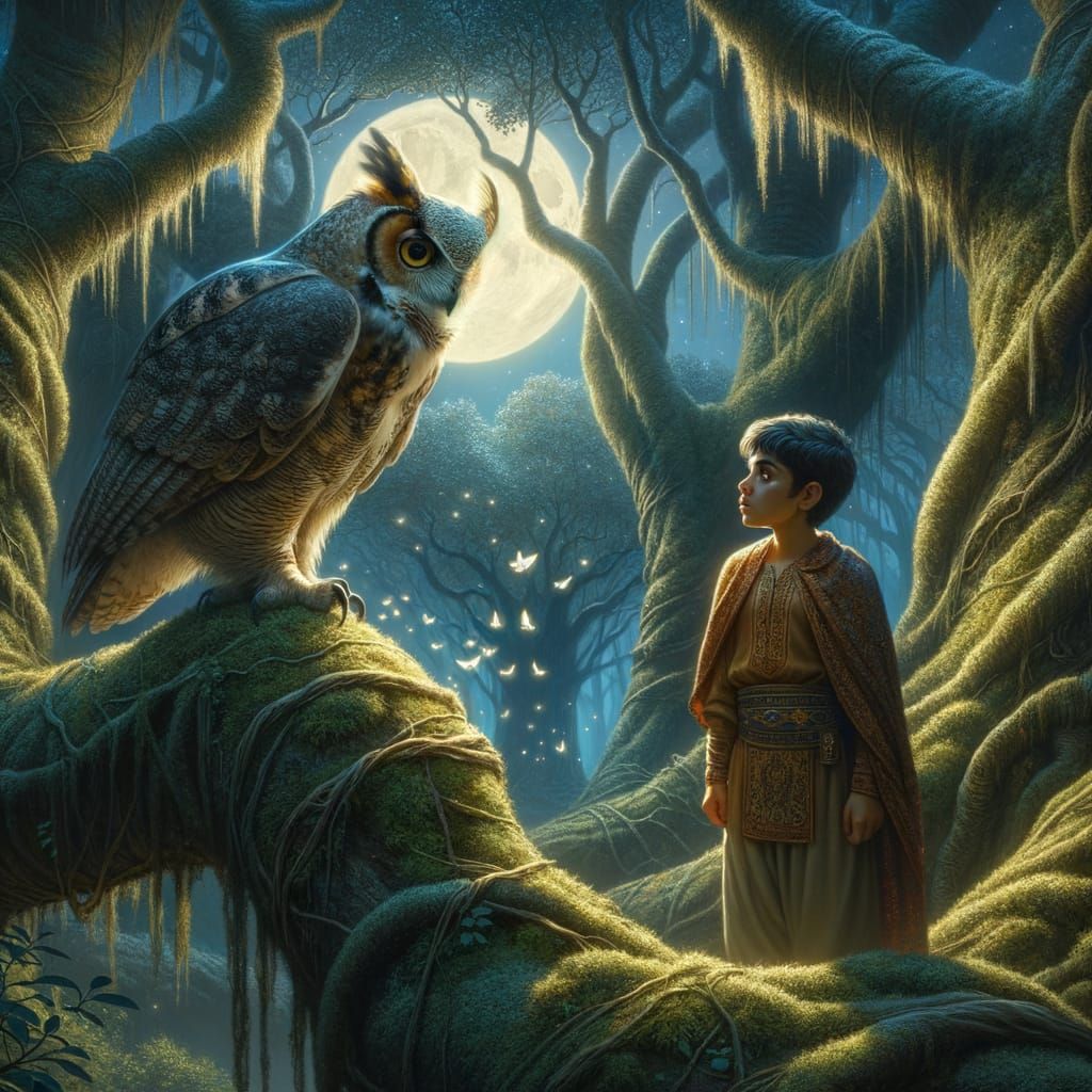 Mystical Moonlit Encounter between a Boy and a Great Horned ...