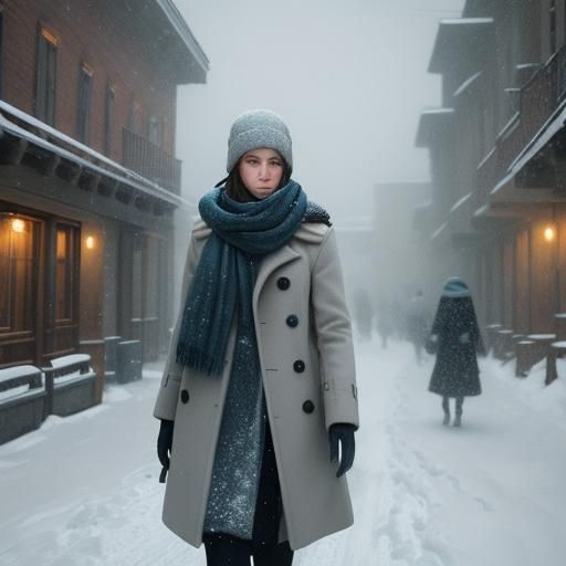 Woman in Winter Coat on Snowy Street