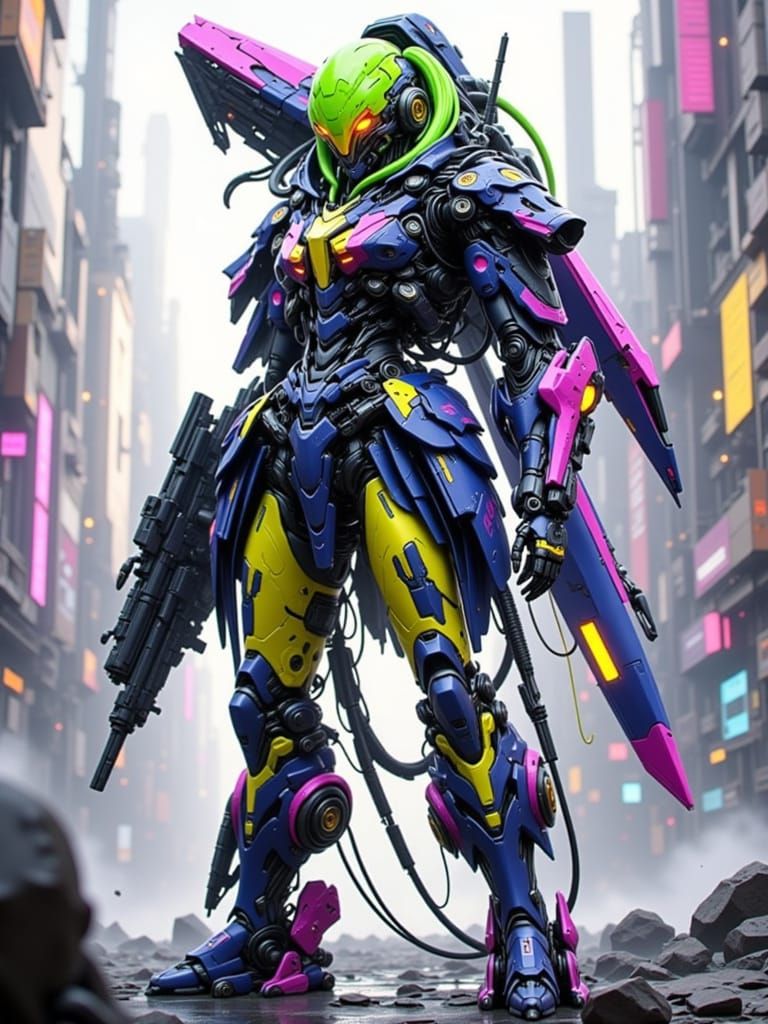 Anime Cyborg Warrior in Futuristic Battlefield
