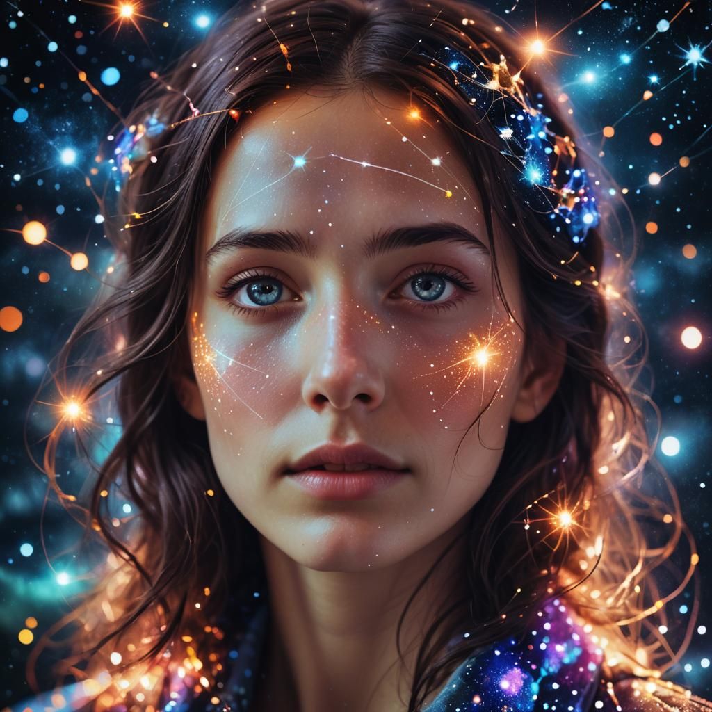 Woman Gazing at Constellations in Surreal Style