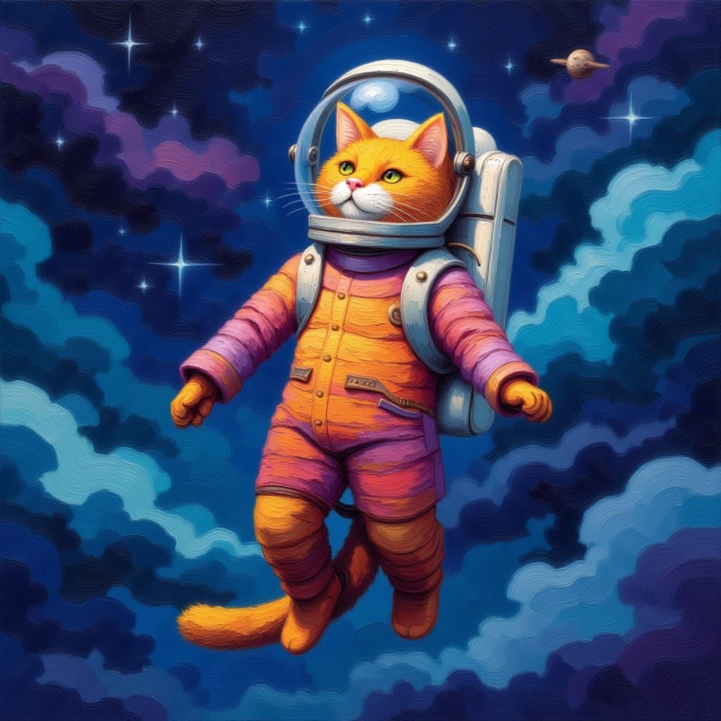 Cosmic Cat Astronaut in Swirling Nebulae