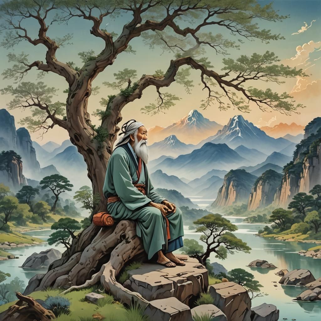Wise Sage in Serene Mountain Landscape