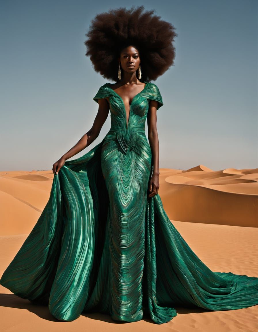 African Bride in Malachite Dress, Close-Up Portrait in Op Ar...