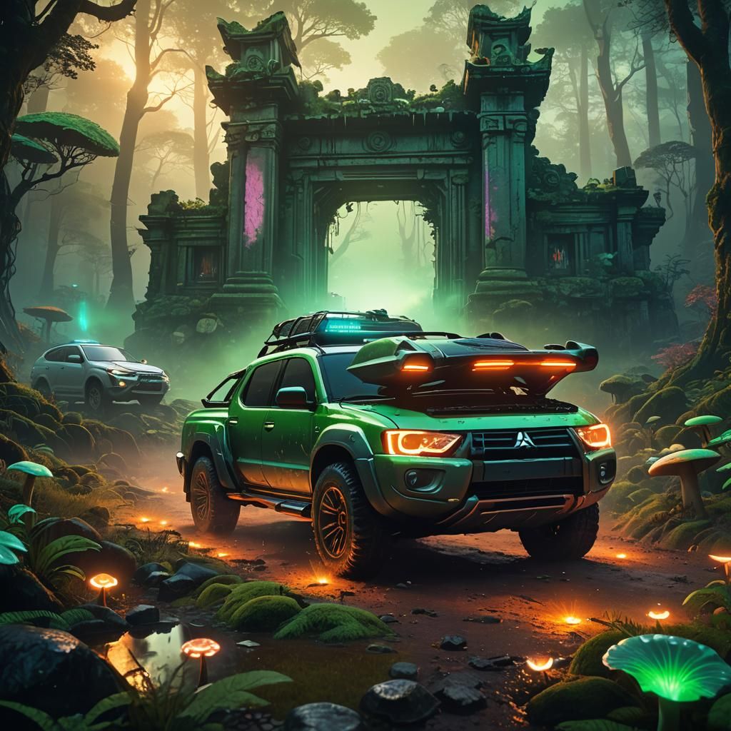 Futuristic Car in Mystical Forest Concept Art