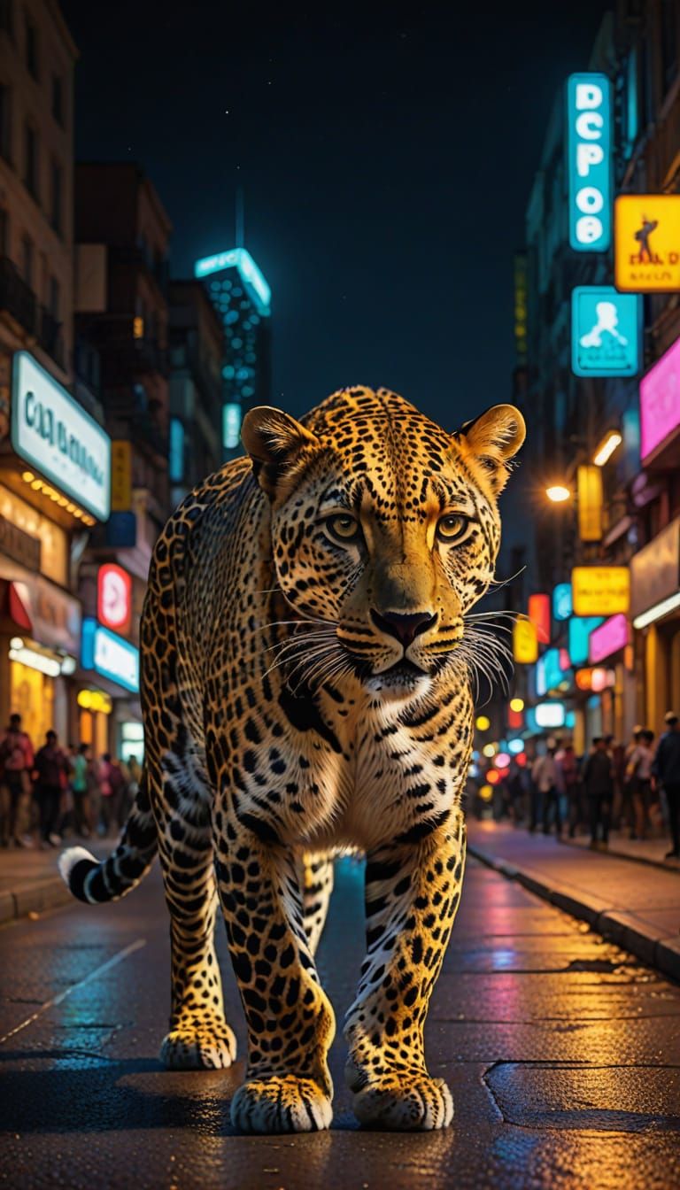 Leopard Walks City Street in Colorful Digital Art