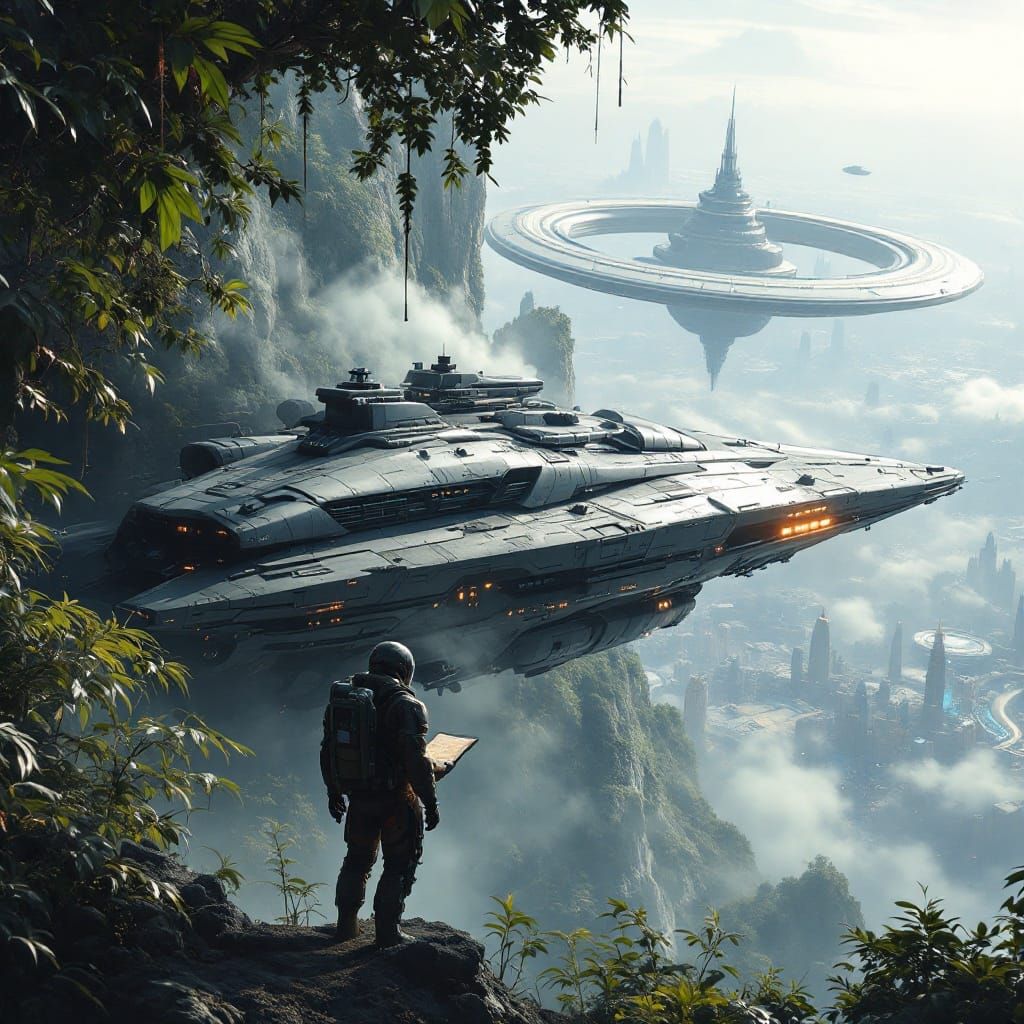 Interstellar Starship Amidst Futuristic Landscape