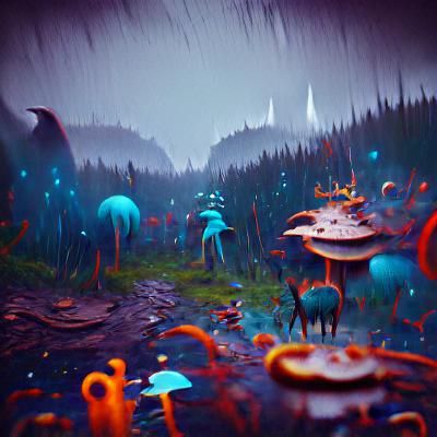 Dark Forest with Creatures, Rain, and UFOs