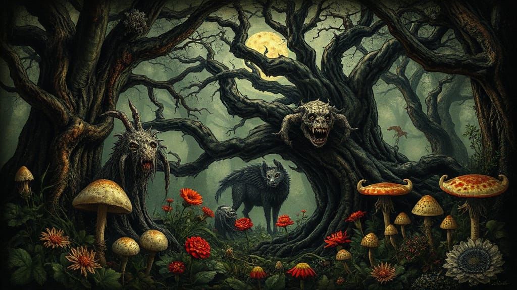 Ethereal Horror: Misty Garden with Surreal Animals