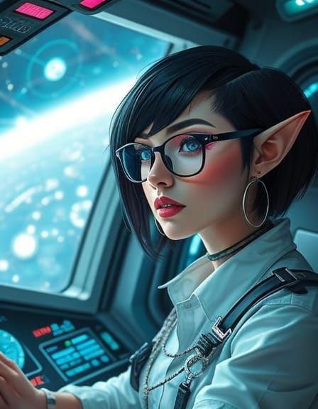 Elf Pilot Navigating a Spaceship in Pastel Colors