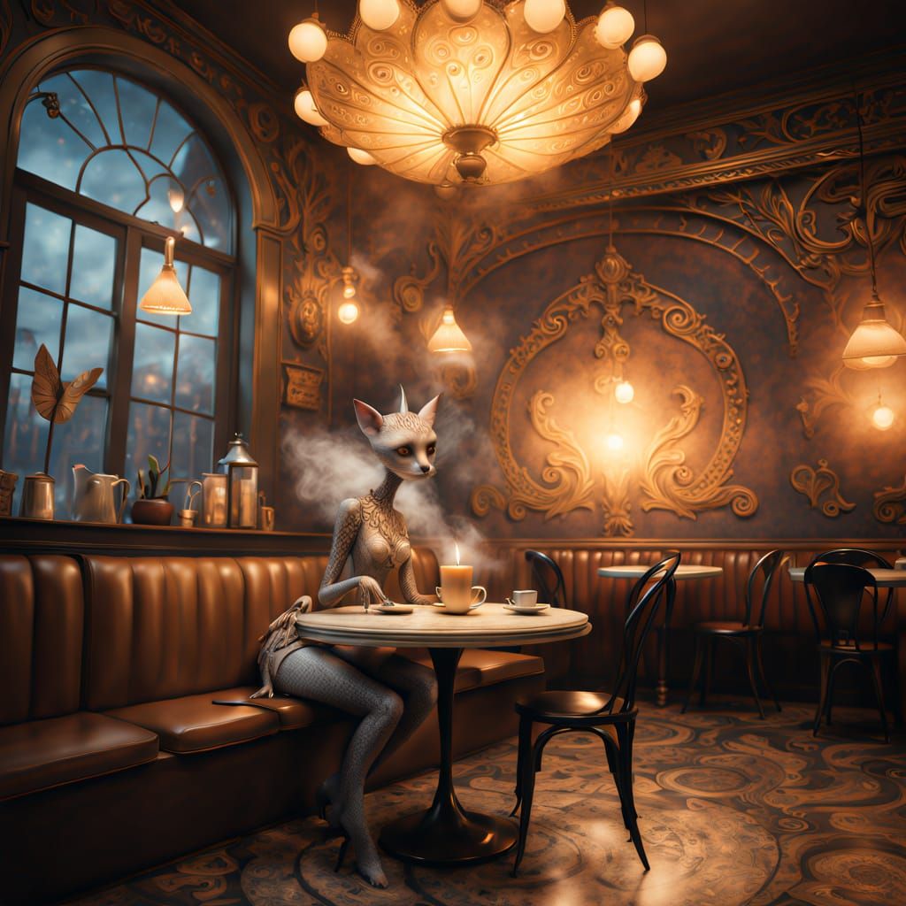 Mystical Cafe Scene in Whimsical Digital Painting Style
