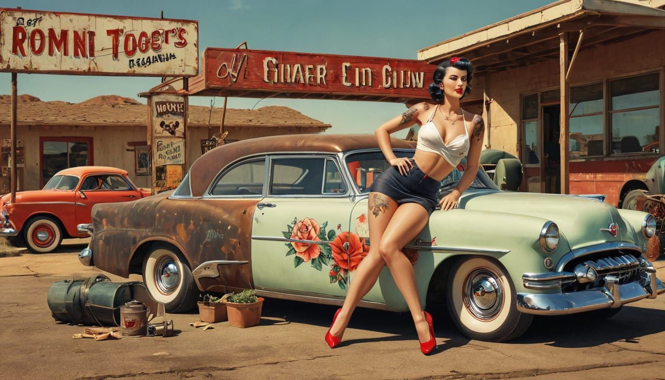 Vintage Pin-Up Girl in Desert Diner