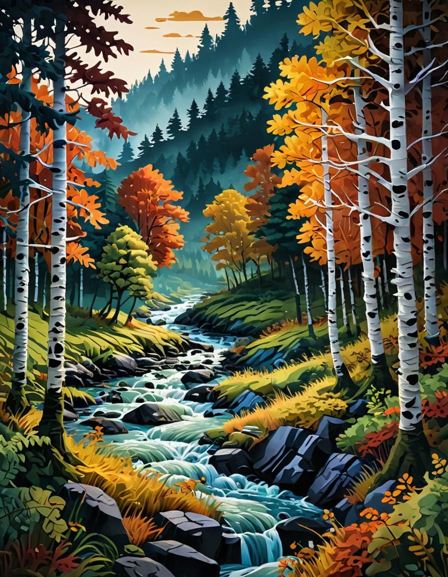 Autumn Forest Riverbank in Paper-Cut Gouache Style