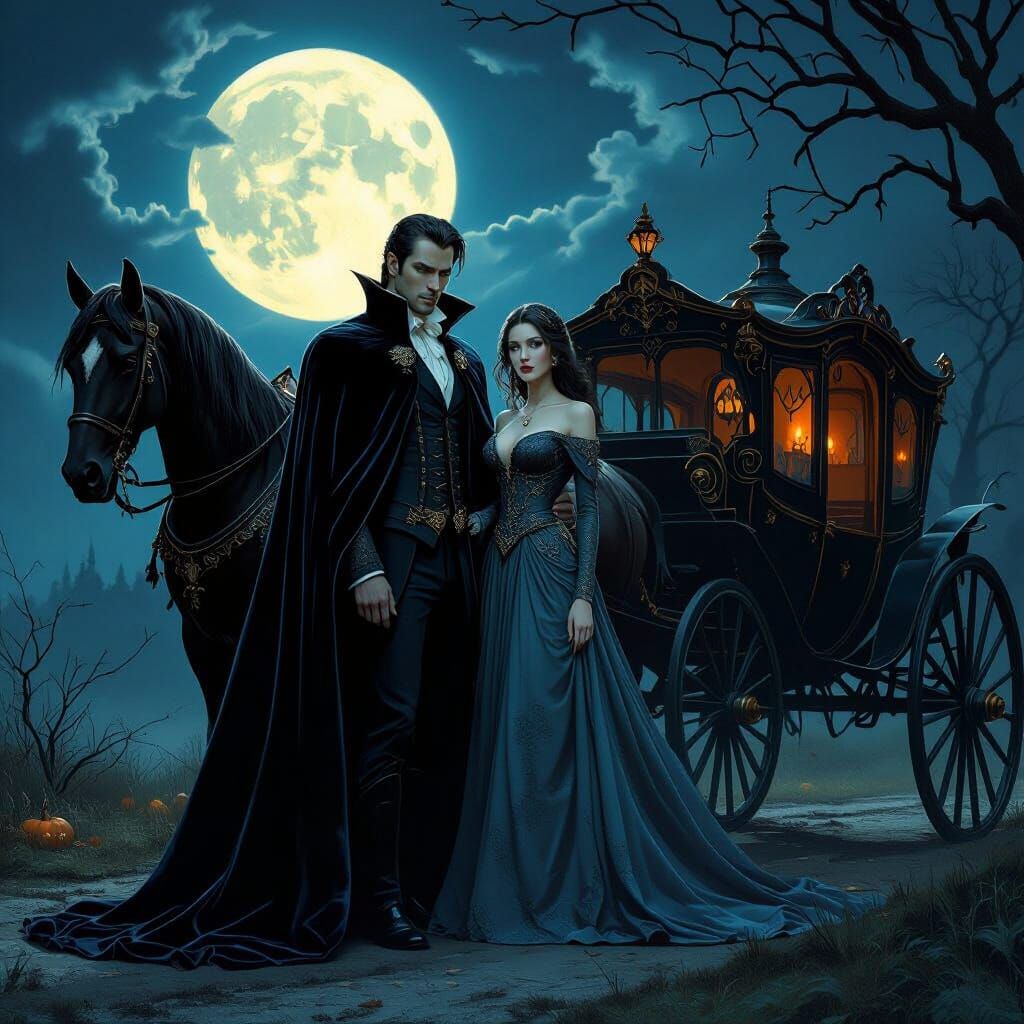 Moonlit Vampire Couple with Horse Carriage, Fantasy Art