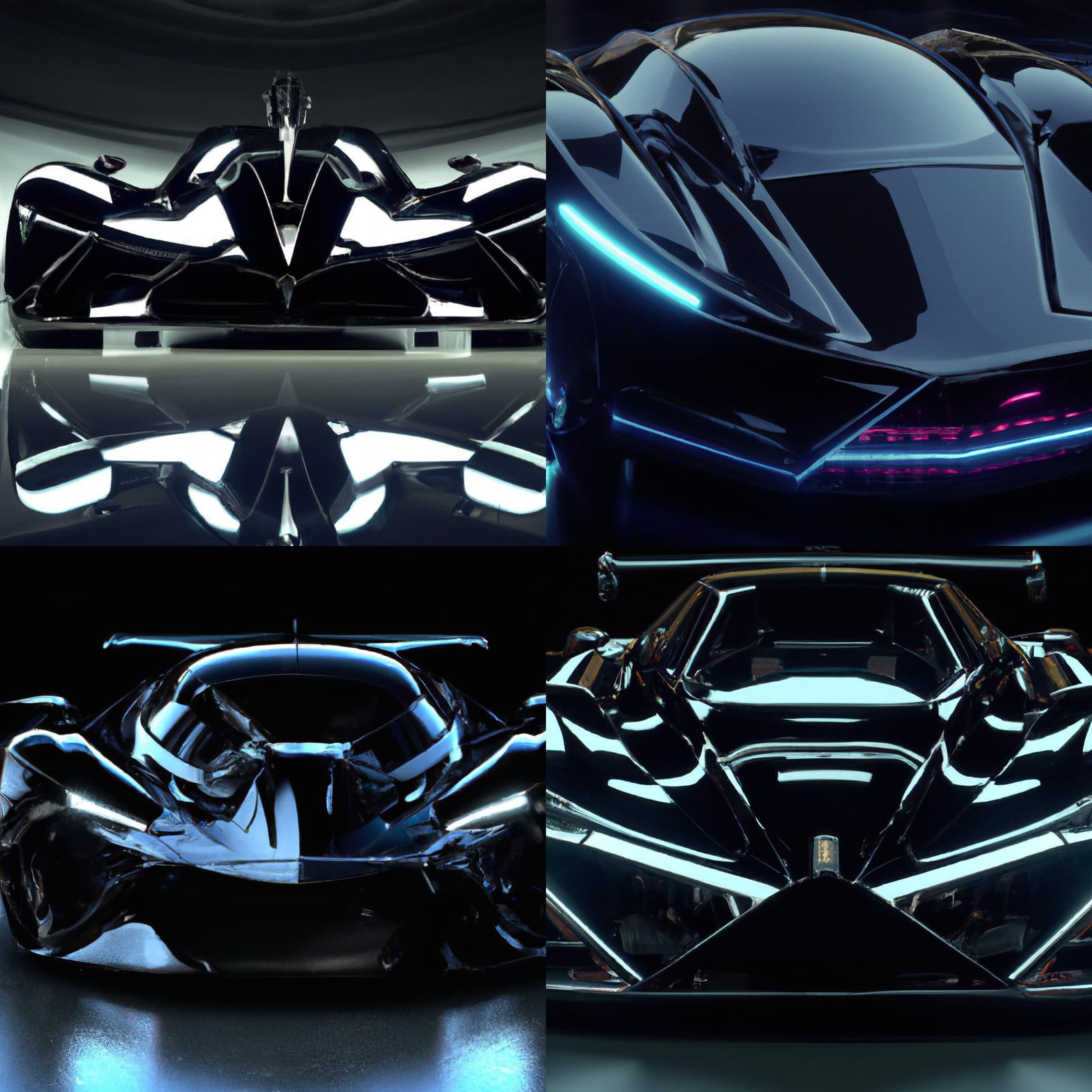 AI designed future supercar; dark ambient; glassy black; gla...