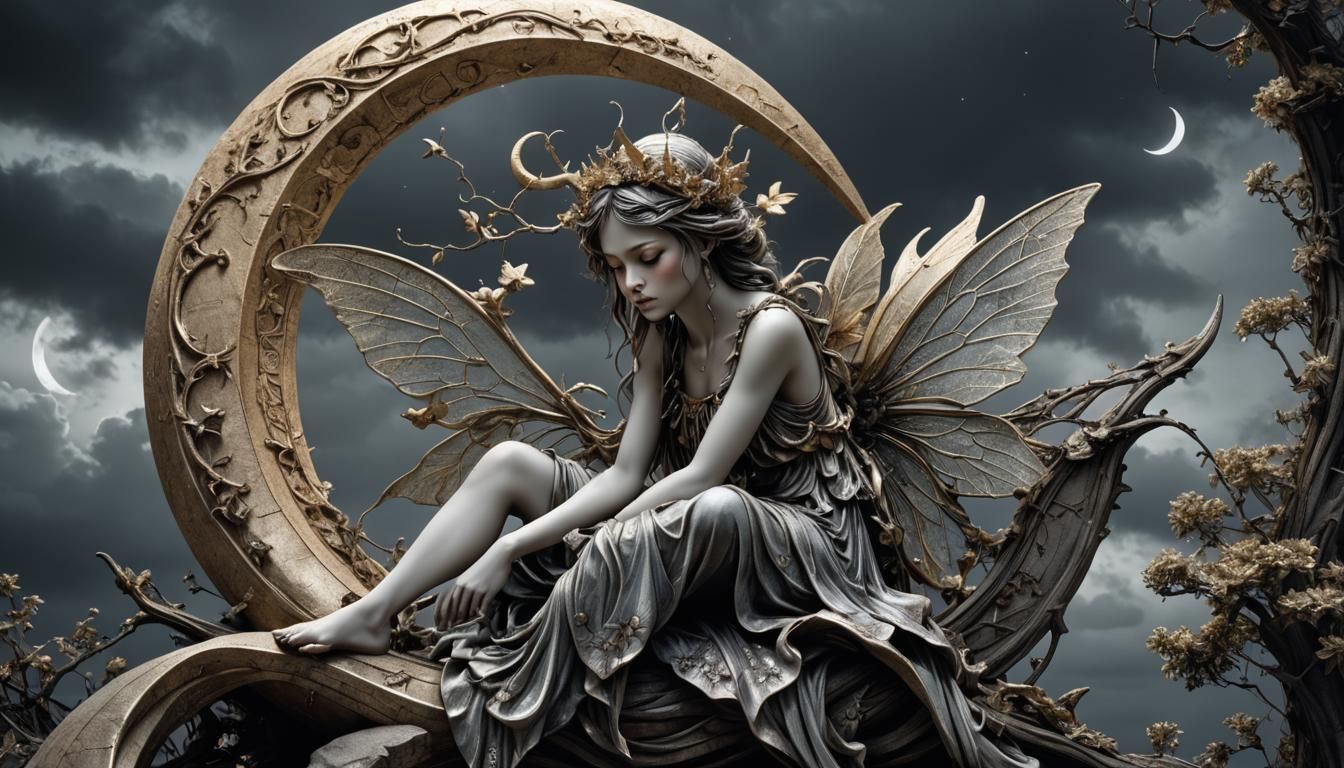 Sad Fairy on the Moon, Hyperrealistic Image