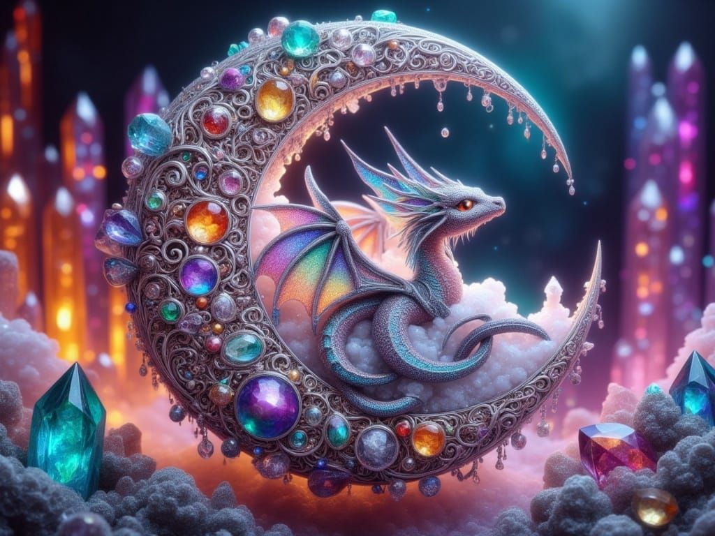 Crystal Dragon in Gemstone Filigree Moon