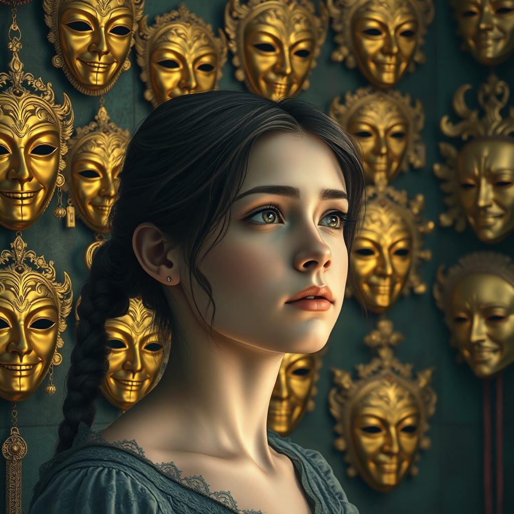 Contemplative Girl in a Hall of Emotions