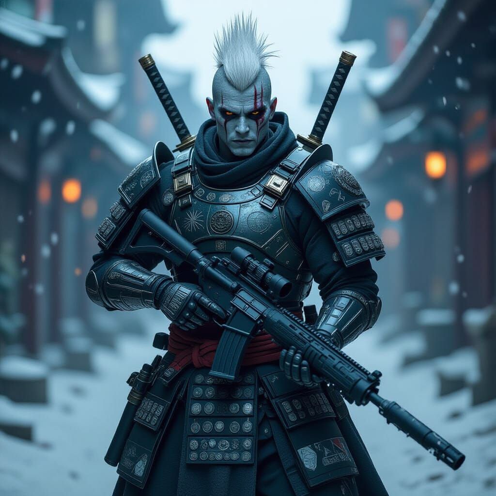 Gaunt Samurai Warrior on Alien Battlefield in Hyper-Realisti...