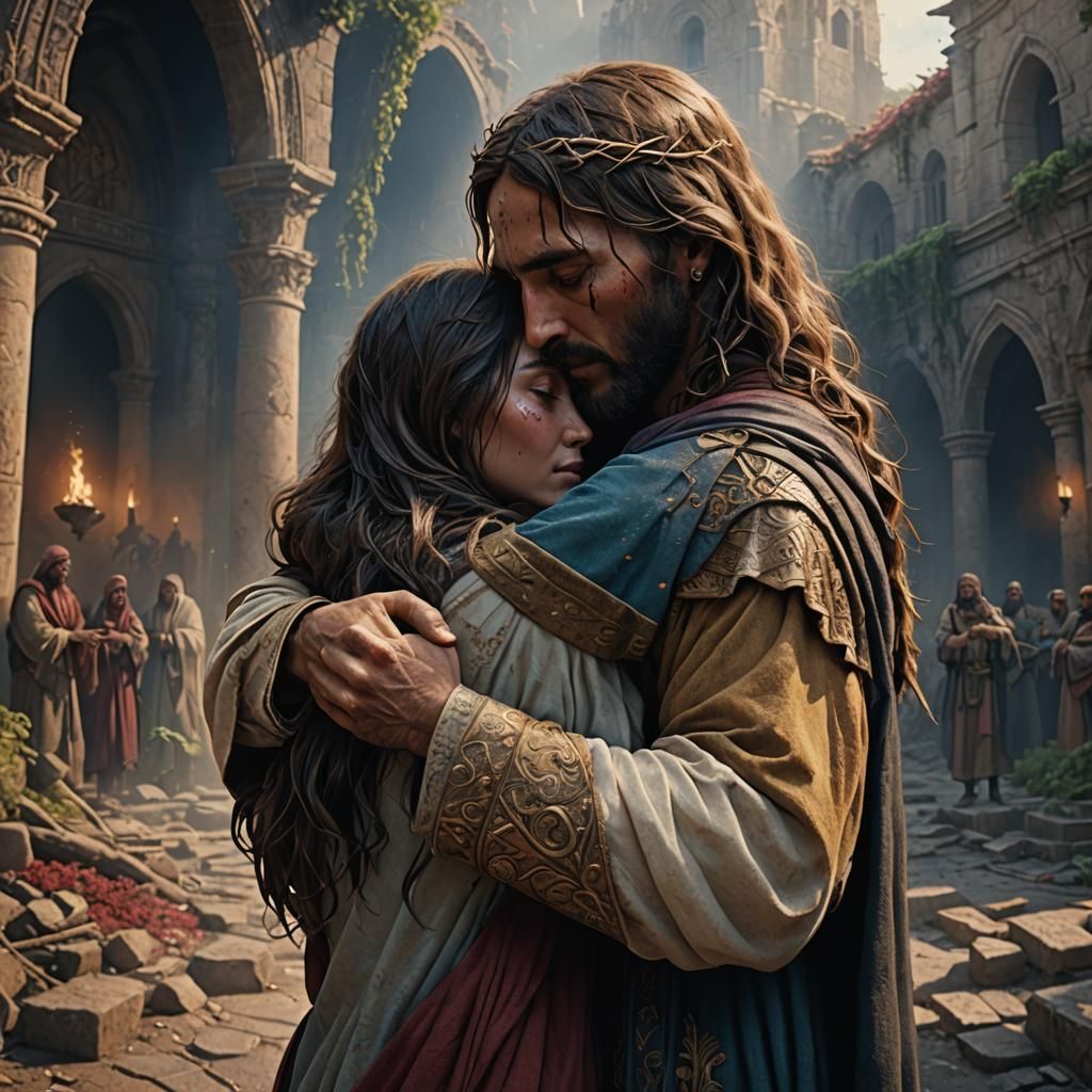 Jesus Comforts a Woman: Detailed Matte Painting