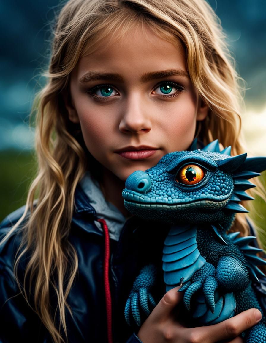 Teenager and Dragon Under Rainy Kansas Sky