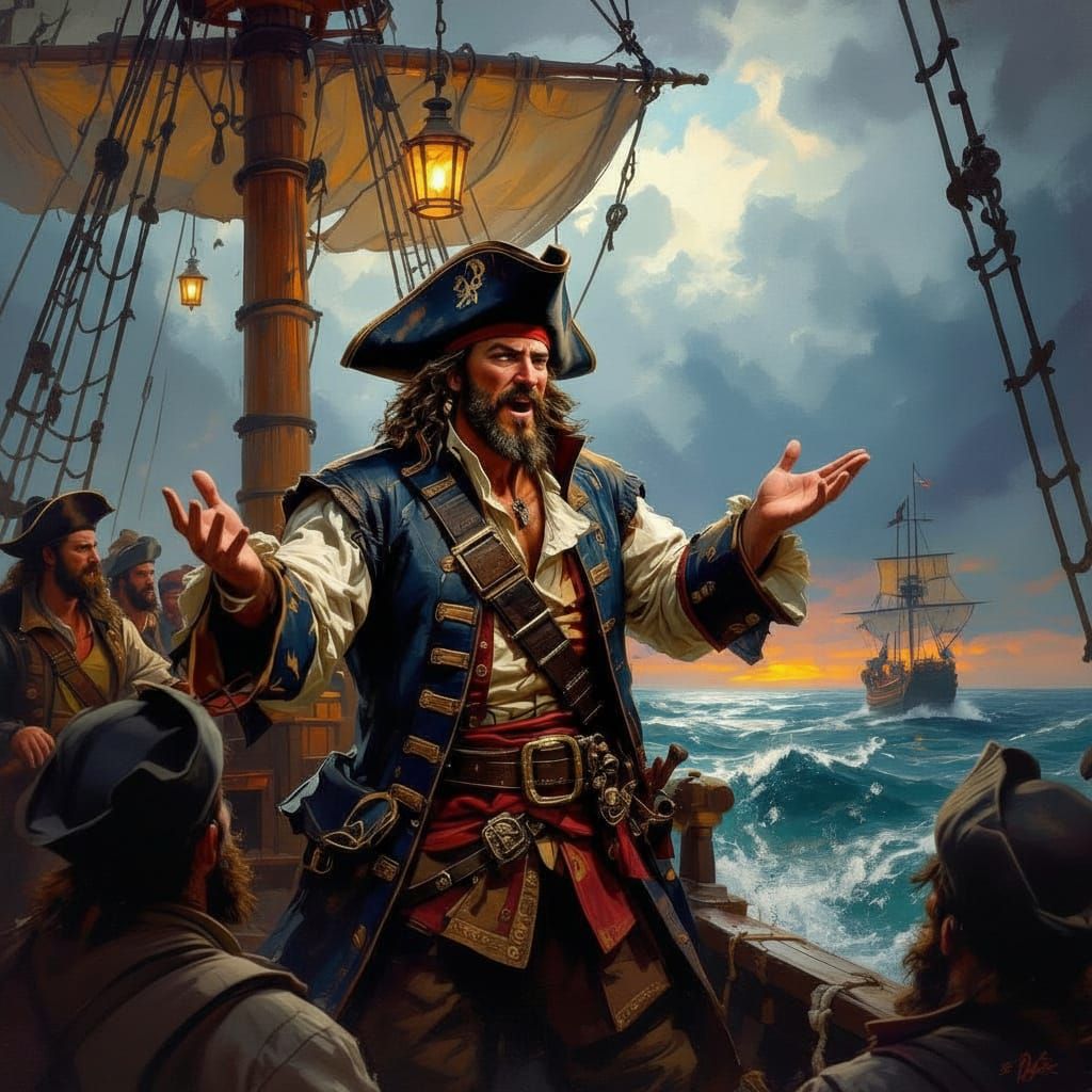 Pirate Captain Addressing Crew on a Ship Deck