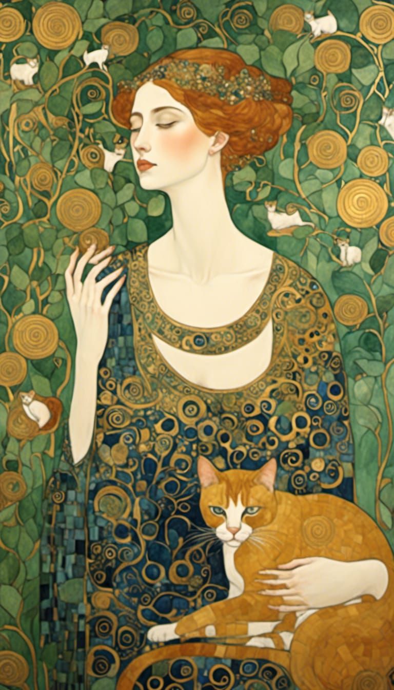 <lora:Klimt Craft:1.0> Symbolist Art. Close-up. A woman surrounded by cats sharing a kiss in an ornate, gold-adorned roo...