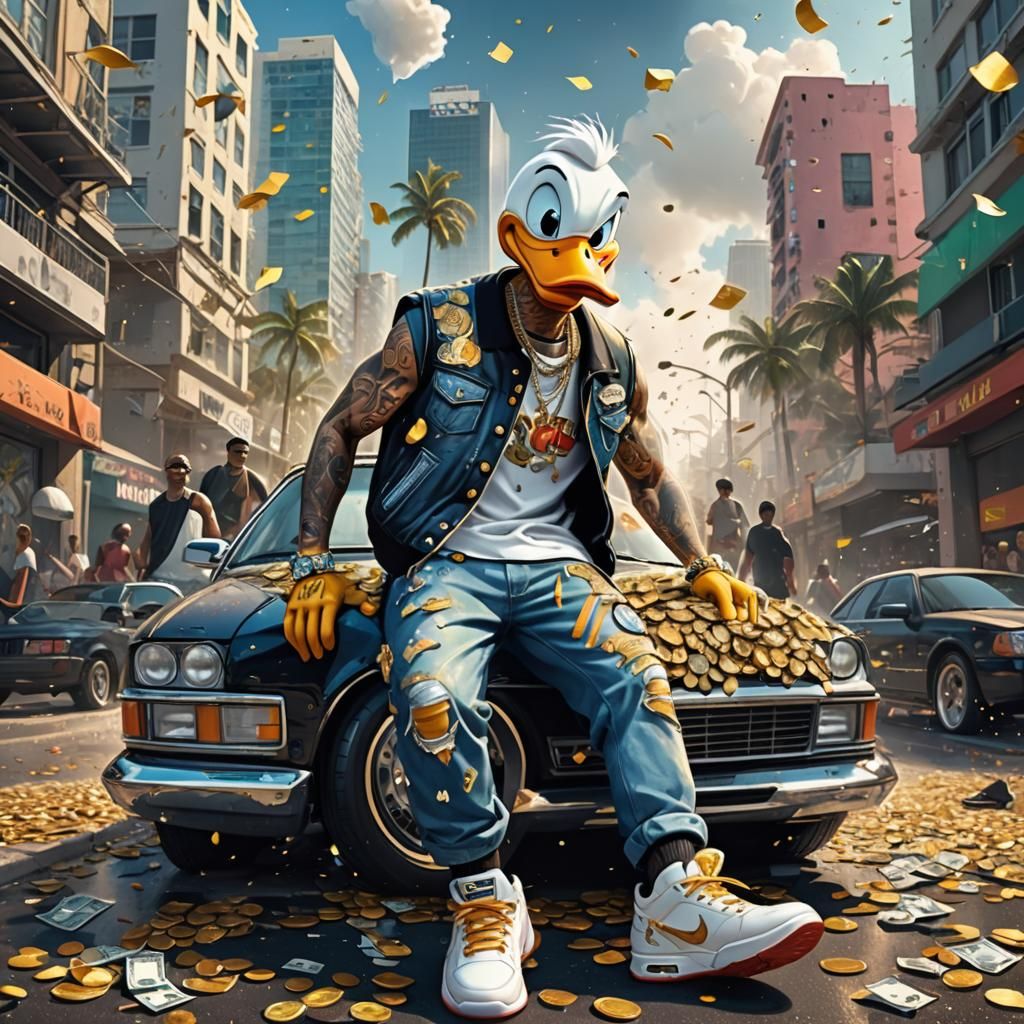 Gangster Donald Duck in Pixar Style on Luxury Car