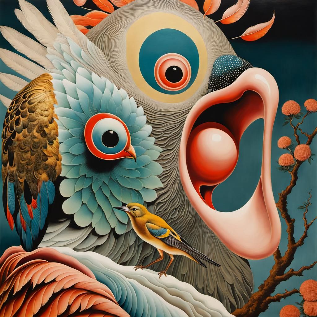 Surreal Weaverbird in Ukiyo-e Style Landscape