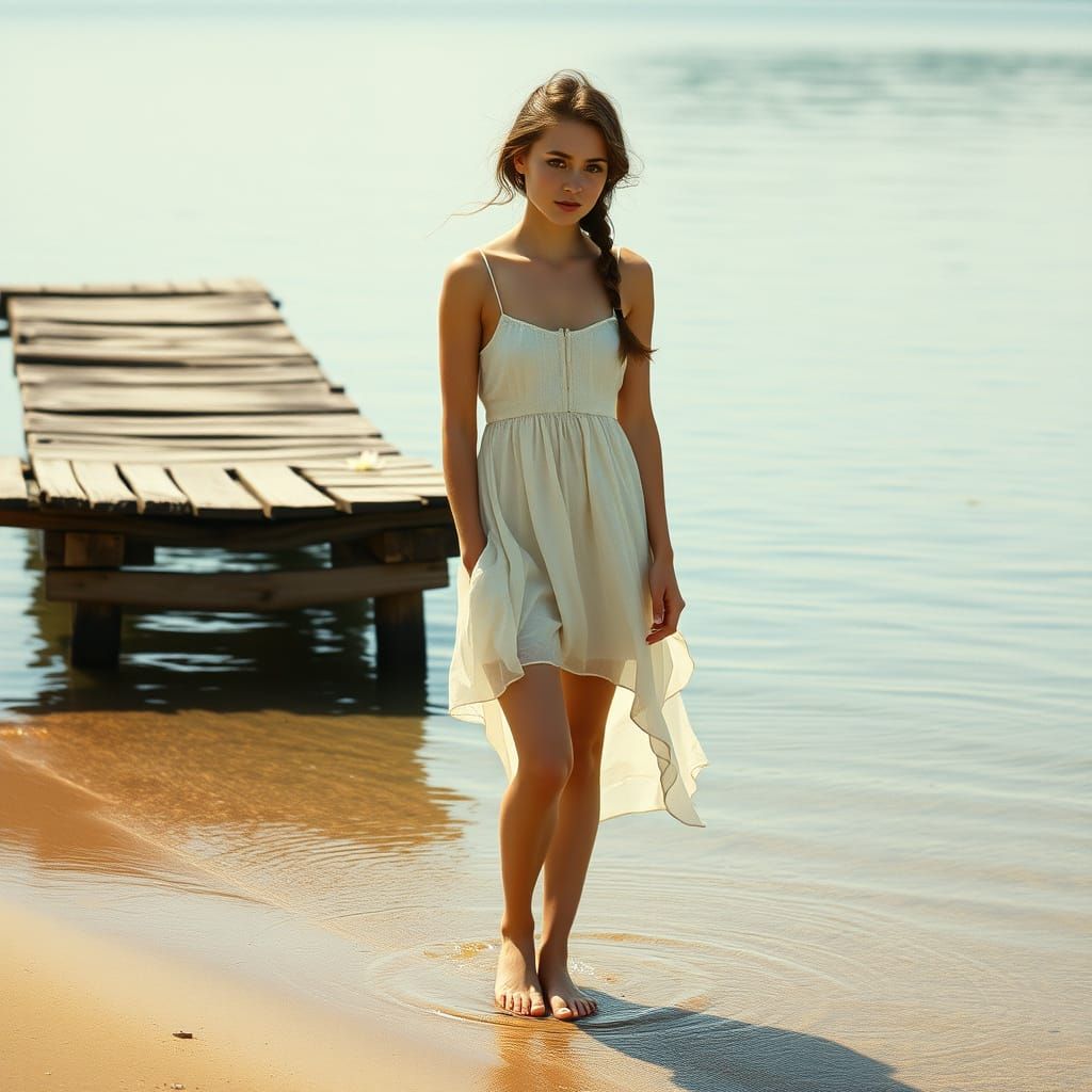 Whimsical Lake Scene with Windswept Woman