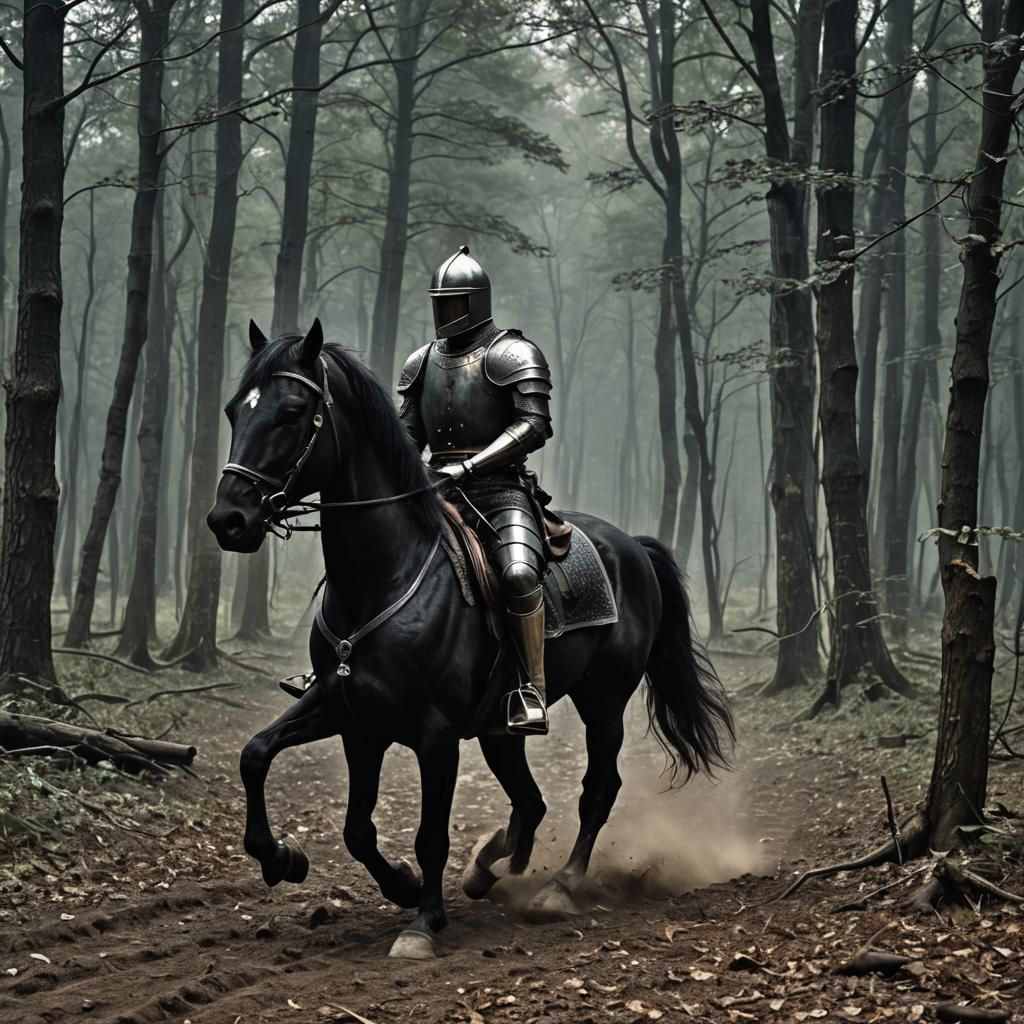 Knight on Black Horse in Dark Forest, Fantasy Art