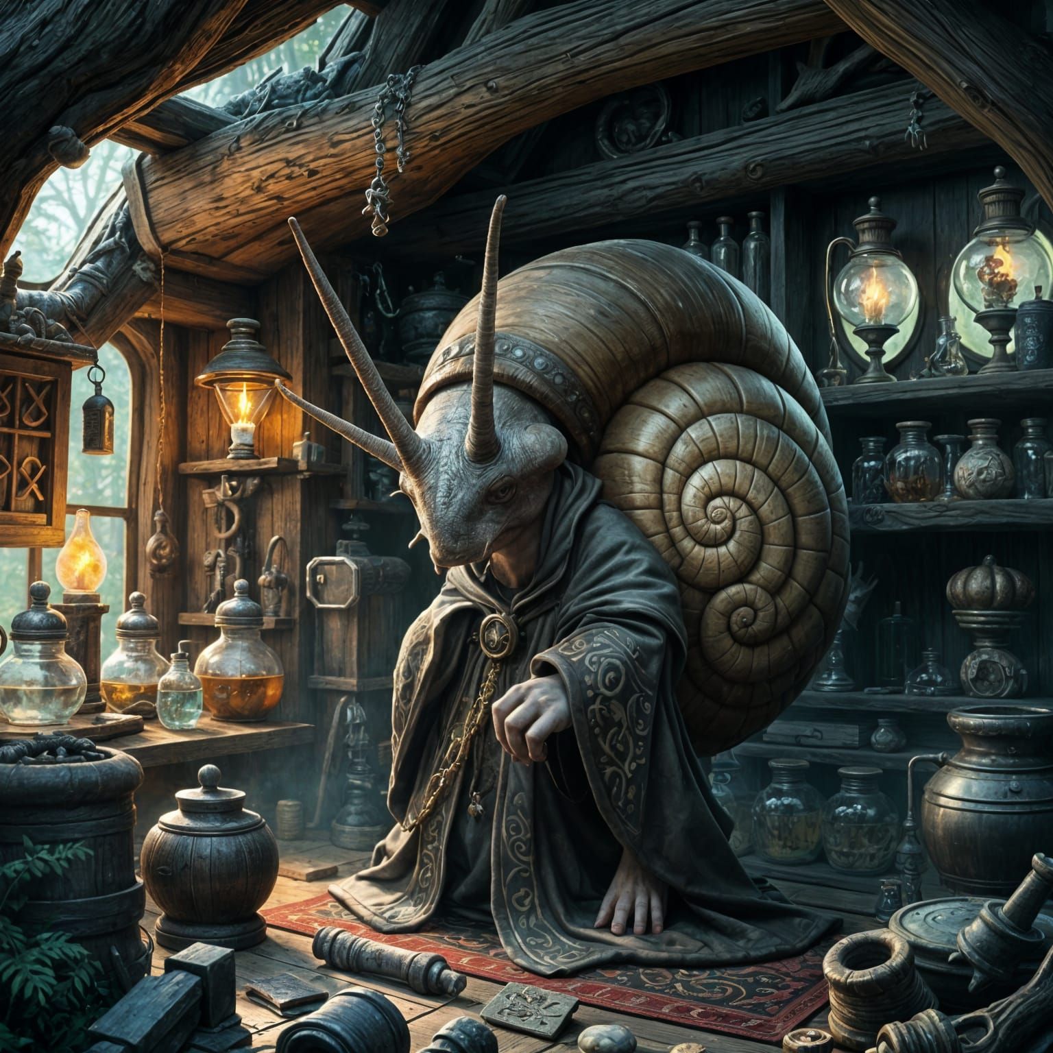 Snail Alchemist in Woodland Shack: Fantasy Concept Art