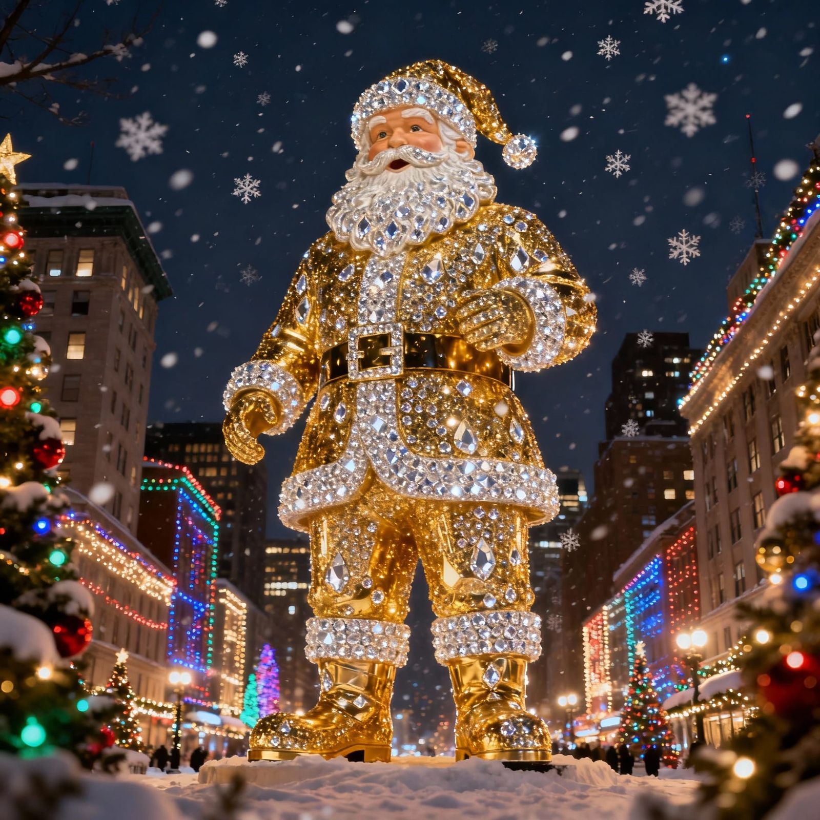 Majestic Solid Gold Santa Statue Over City at Night