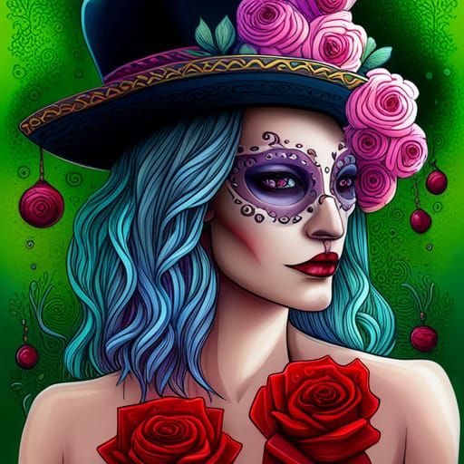 Woman's Mexican Skull with Roses, Holographic Illustration