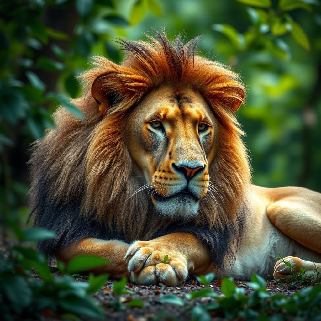 Ultra-Realistic Lion Resting in Emerald Green Forest