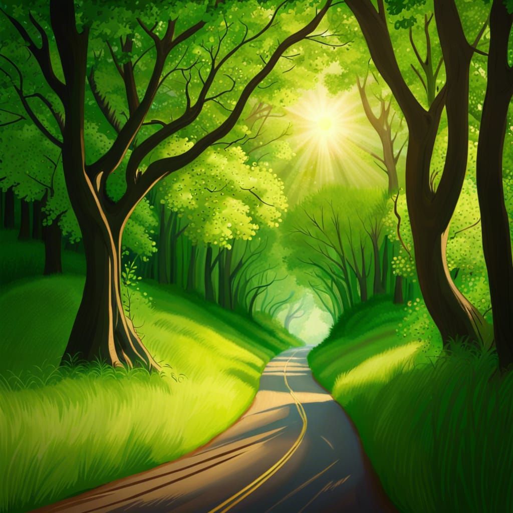 Scenic Forest Road Surrounded by Lush Green Trees
